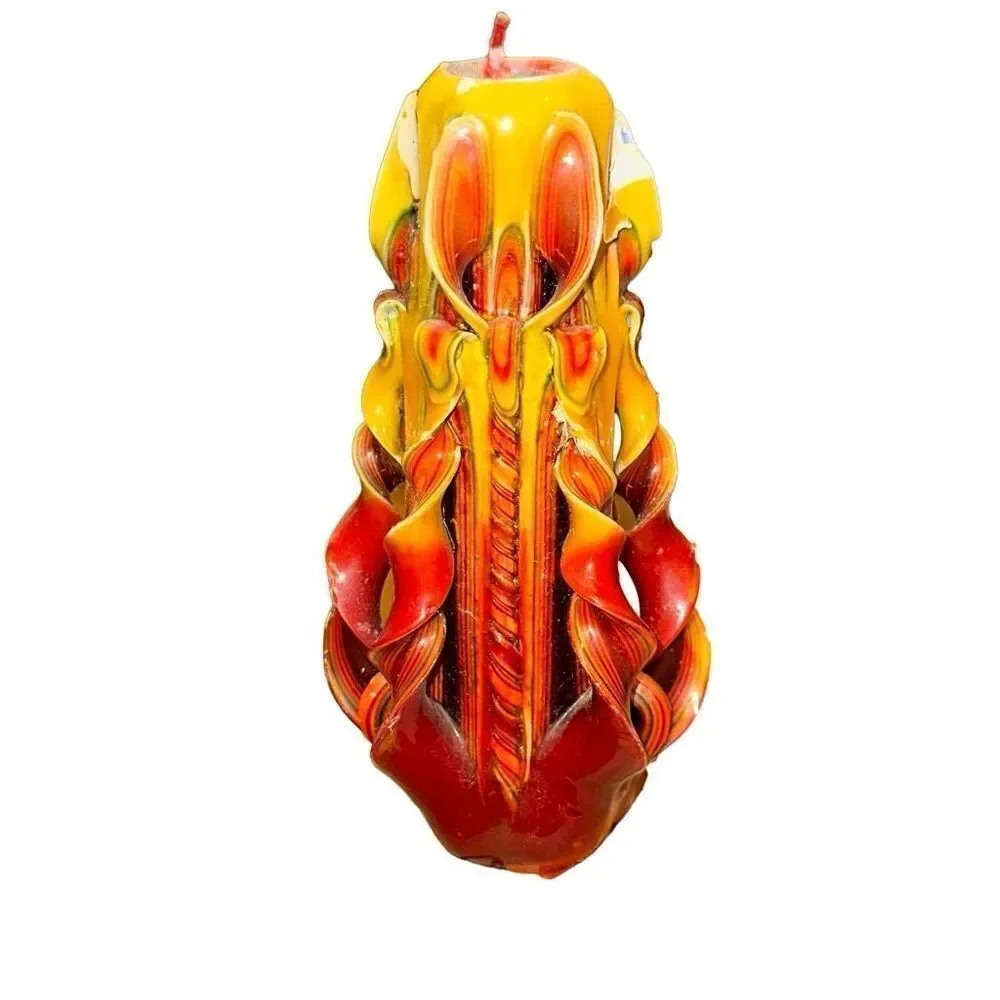 VINTAGE HAND CARVED CANDLE *RARE UNLIT layered 1970 yellow orange twirl fire